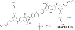 Molecular Structure of 85305-14-2 (2-Naphthalenesulfonic acid, 7-((4,6-bis(4-(2-aminoethyl)-1-piperazinyl)-1,3,5-triazin-2-yl)amino)-3-((4-((4-((6-((4,6-bis(4-(2-aminoethyl)-1-piperazinyl)-1,3,5-triazin-2-yl)amino)-1-hydroxy-3-sulfo-2-naphthalenyl)azo)benzoyl)amino)phenyl)azo)-4-hydroxy-, formate (salt) hydrochloride methanesulfonate (salt))